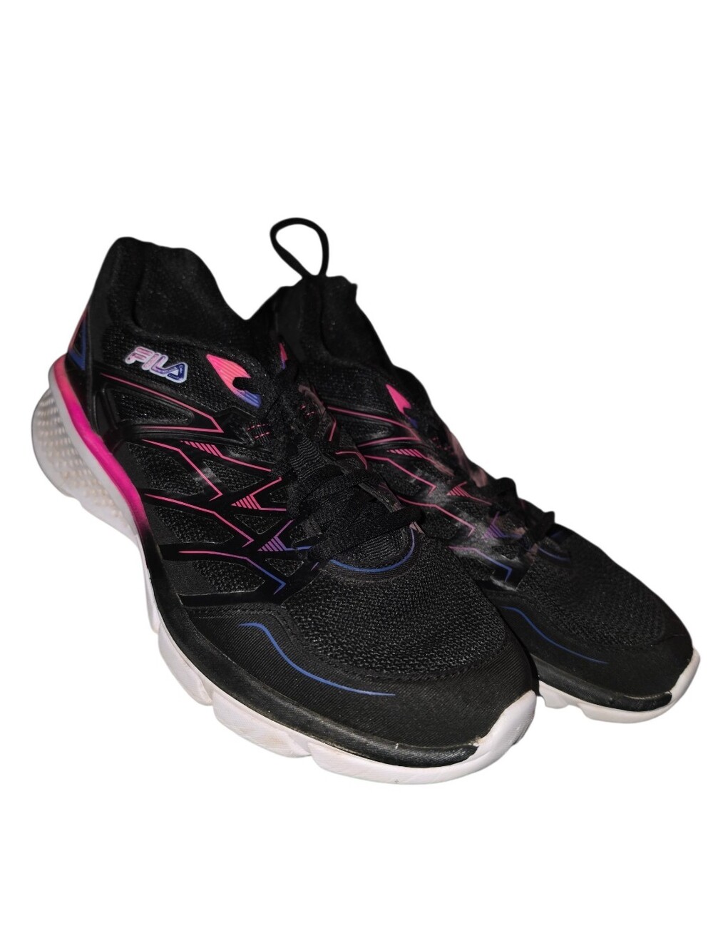 10/3/6. Fila Women's Black Running Sneakers with Pink and Blue Accents